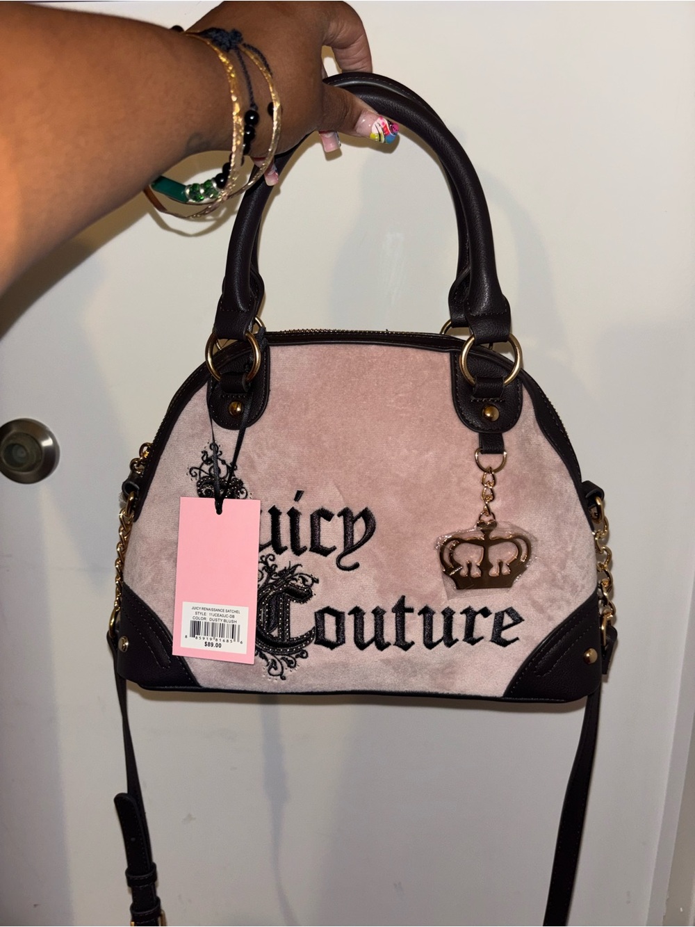 Juicy Couture Pink Velvet Satchel with Dark Trim and Crown Charm